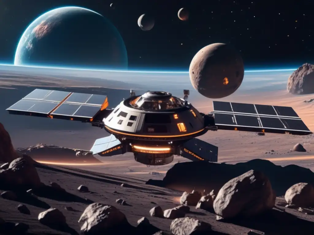 Minería espacial: asteroides ricos en recursos, estación espacial futurista en órbita y astronautas en acción