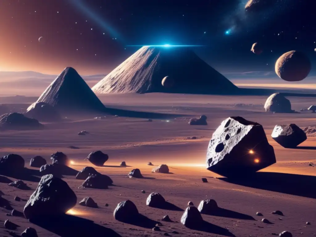 Minería espacial en asteroides troyanos: Vista impactante de un grupo de asteroides flotando en el espacio