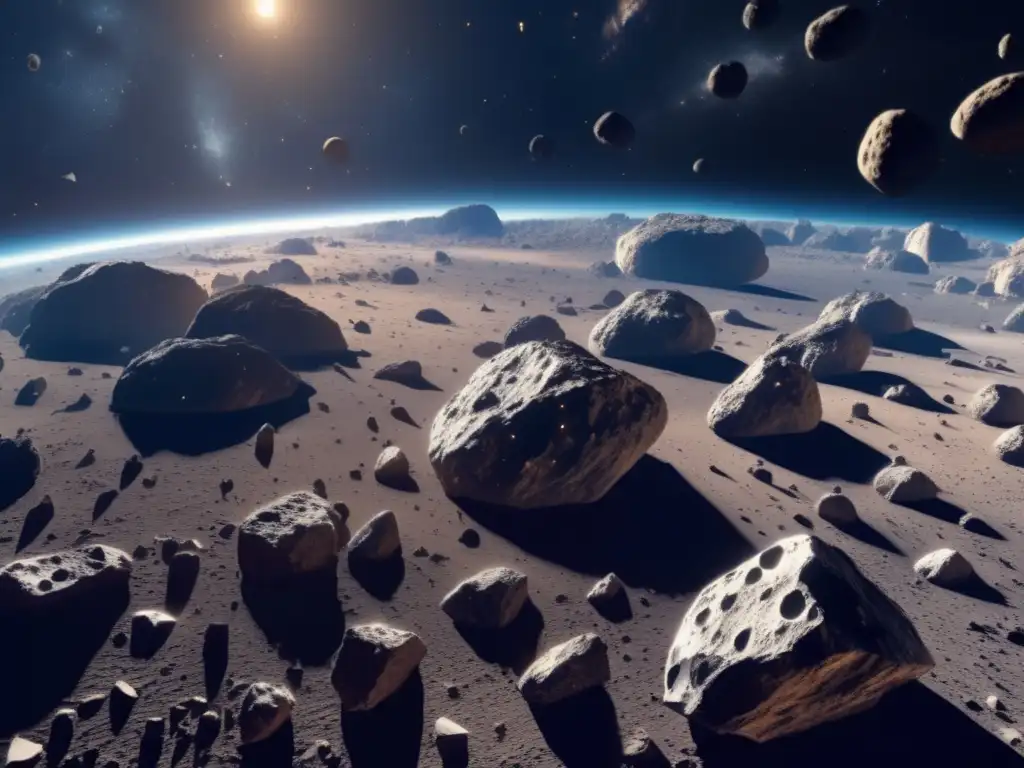 Minería espacial asteroides troyanos: inmenso campo de asteroides en 8K, variadas formas y colores, espacio ilimitado y estrellas brillantes