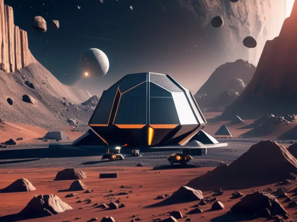 Minería espacial y su dominio: Futurista instalación minera en el espacio con robots y naves avanzadas