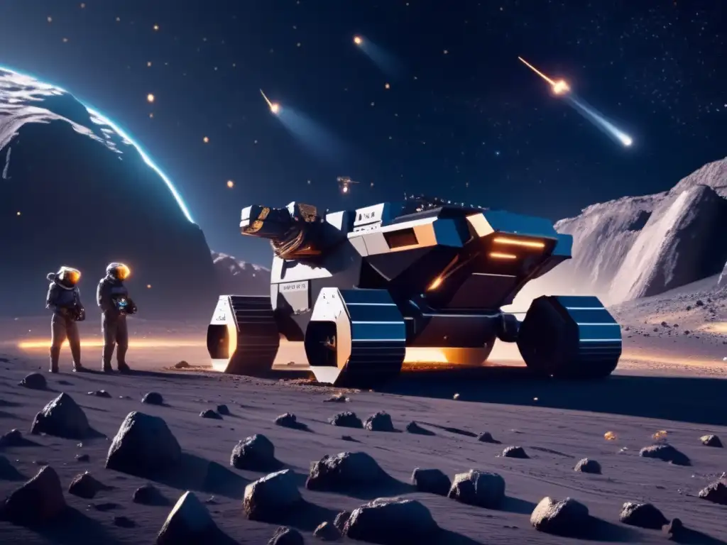 Minería espacial y su dominio: Imagen impactante de operación minera futurista en asteroide, con fondo cósmico infinito y equipo robótico avanzado
