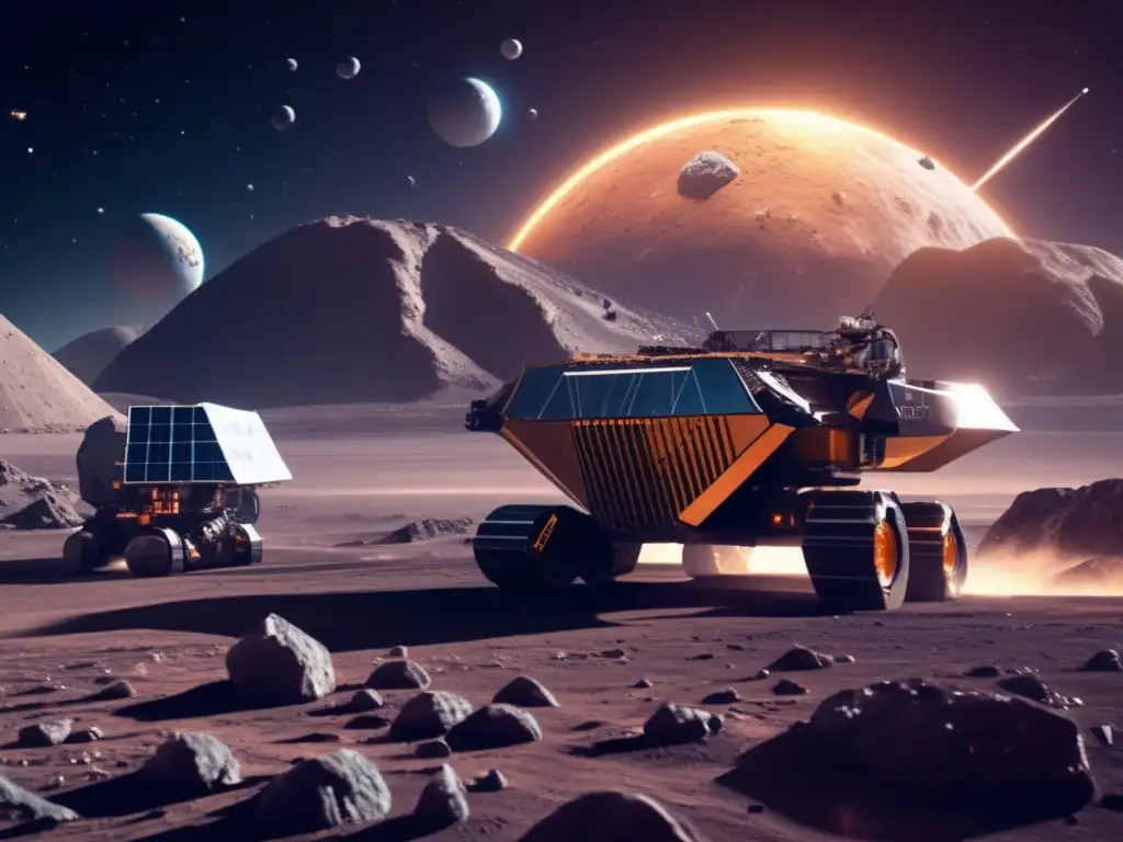 Minería espacial futurista en asteroide: Tecnología avanzada, recursos valiosos, estructuras hightech