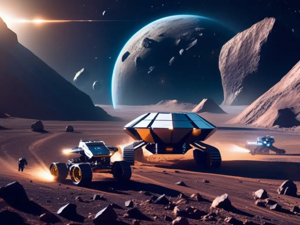 Mineria espacial: Futurista operacion minera en el espacio, drones avanzados extraen minerales de un asteroide