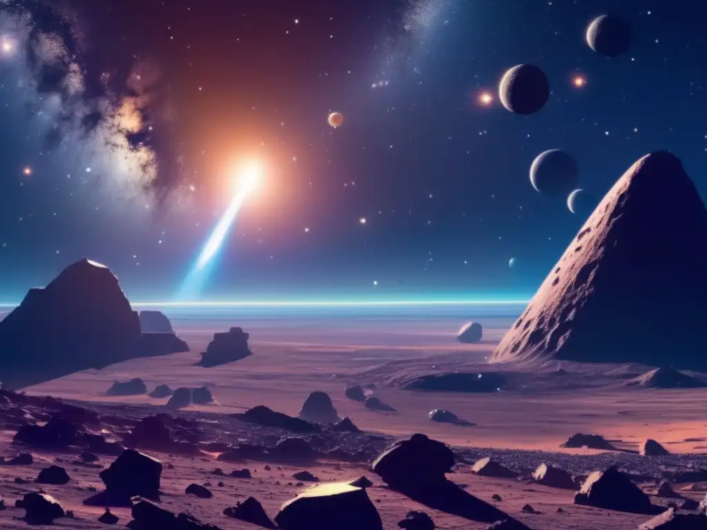 Minería espacial: Máquinas para asteroides en un paisaje estelar con tecnología avanzada