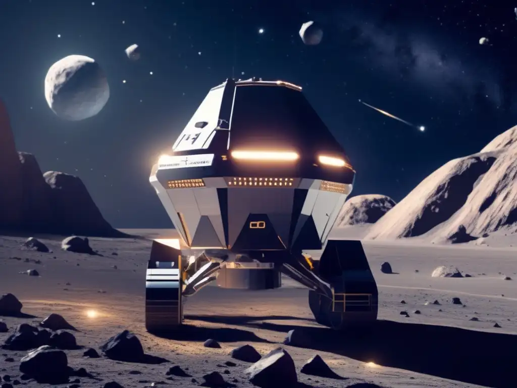 Minería espacial: Máquinas para asteroides extraen minerales en un escenario futurista de exploración espacial
