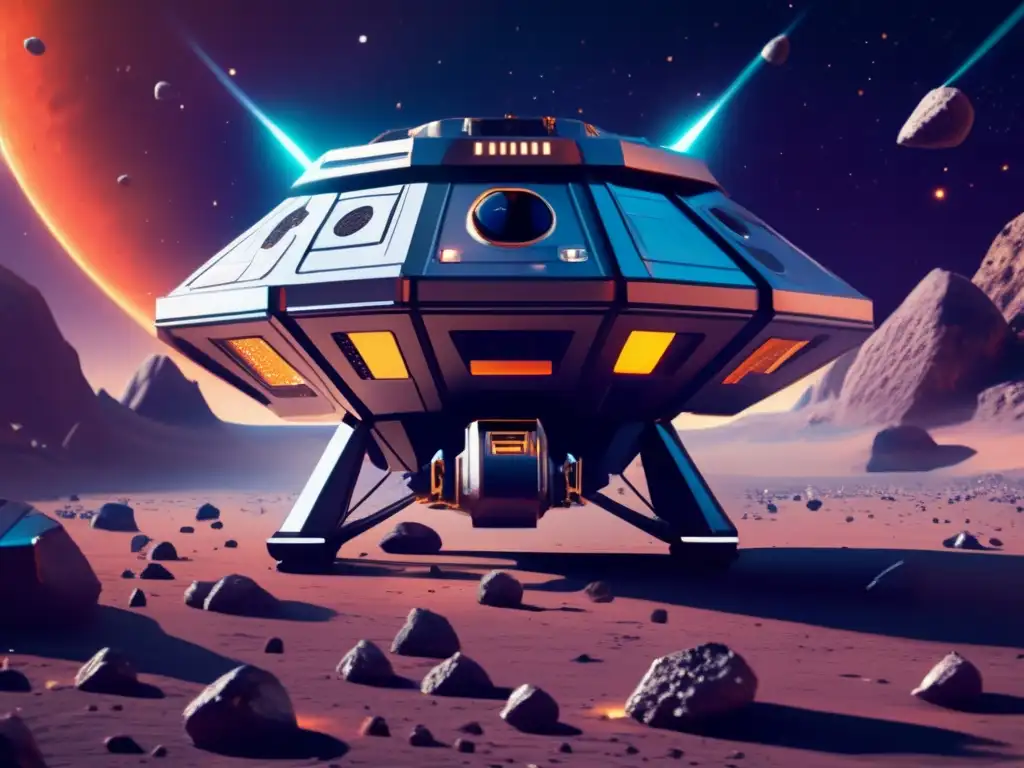 Minería espacial, recursos asteroides: nave minera futurista en el espacio rodeada de asteroides con texturas y colores impresionantes