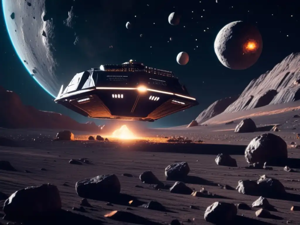 Minería espacial, recursos asteroides: Futurista operación de minería en el espacio, con naves avanzadas y asteroides flotando en el fondo