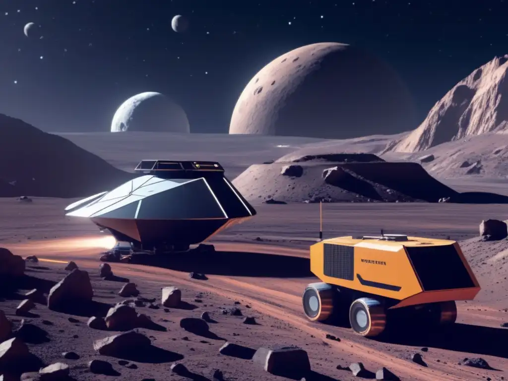 Minería espacial con sondas autónomas en asteroide remoto con instalaciones y maquinaria avanzada