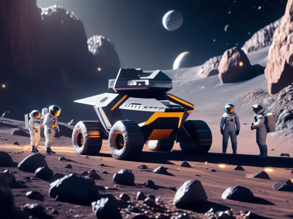 Simulación de minería espacial en videojuegos: Equipo de astronautas extrayendo recursos valiosos en asteroide futurista