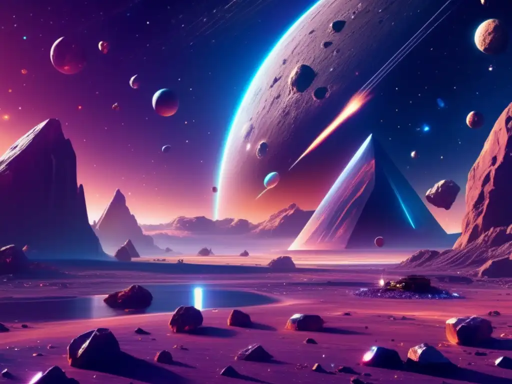 Simulación de minería espacial en videojuegos: ilustración 8k impresionante de un vasto espacio exterior con asteroide, minerales y naves futuristas