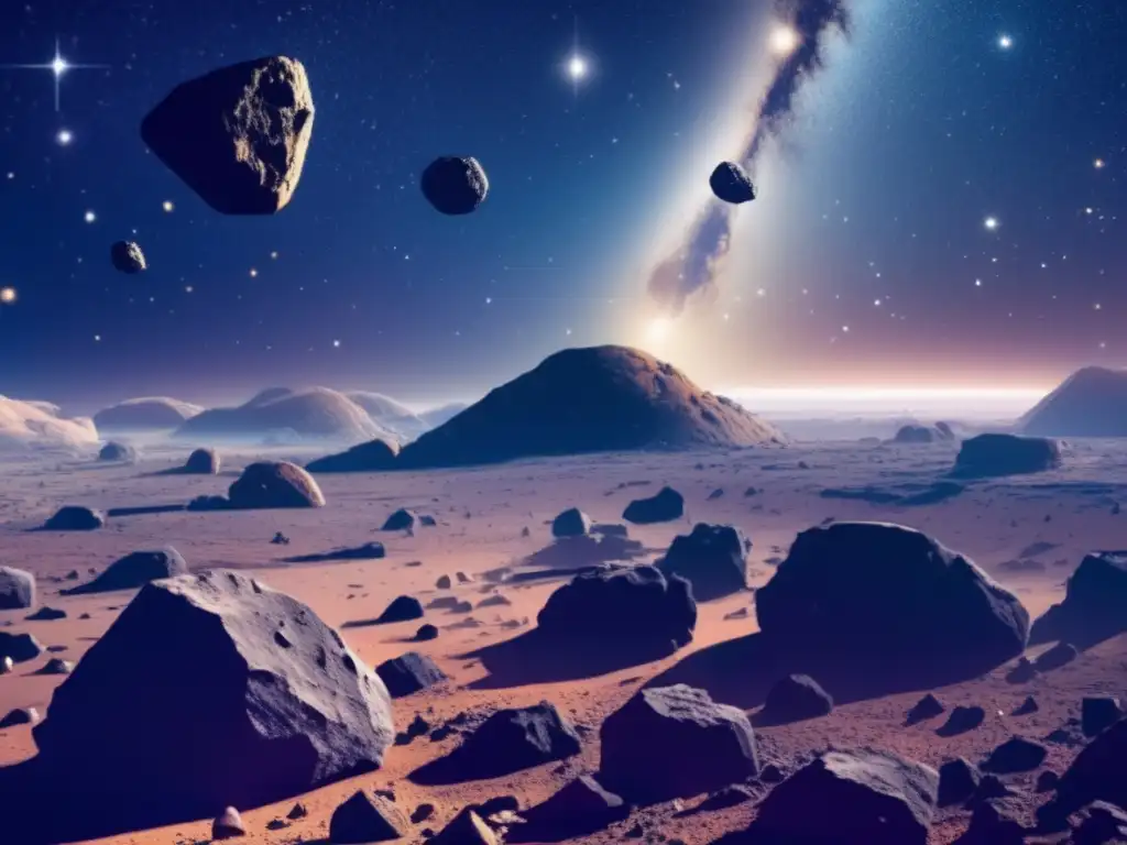 Simulación de minería espacial en videojuegos: Vista impresionante de un campo de asteroides en el espacio