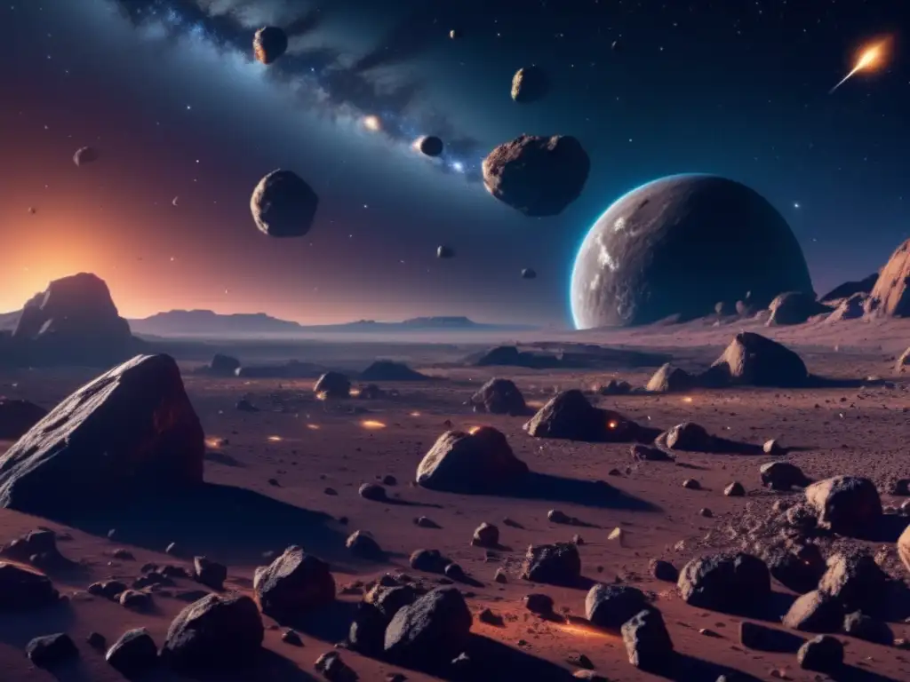 Mineria espacial: Vista panorámica de un campo de asteroides en el espacio, con una nave minera avanzada lista para extraer recursos
