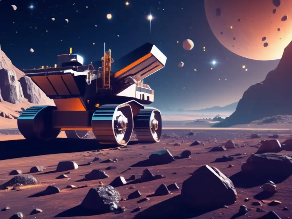 Minería de asteroides: Operación futurista de extracción de minerales en un paisaje espacial avanzado con robots y astronautas