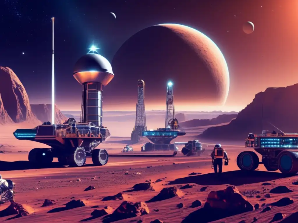 Mineria futurista en planeta remoto con comunicaciones espaciales interplanetarias