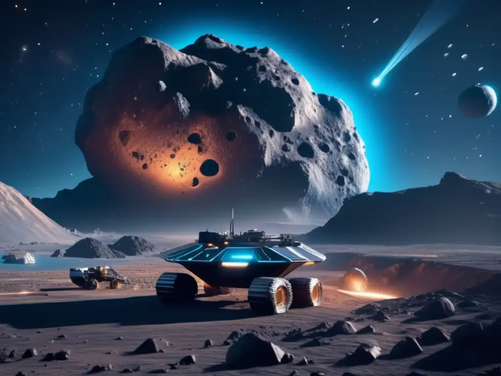 Minería de asteroides: operación futurista con valiosos recursos en un colosal asteroide bajo un cielo estrellado