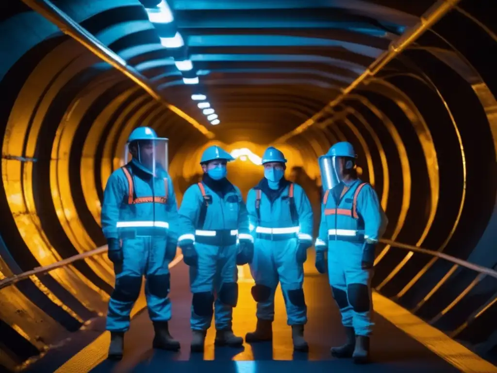 Mineros en túnel subterráneo con escudos metálicos futuristas y detección de radiación: Radiación espacial en operaciones mineras