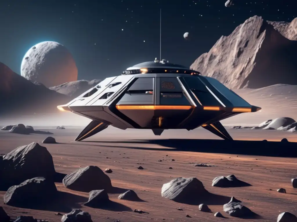 Robótica autónoma en misiones asteroides: nave futurista recolectando muestras en superficie lunar