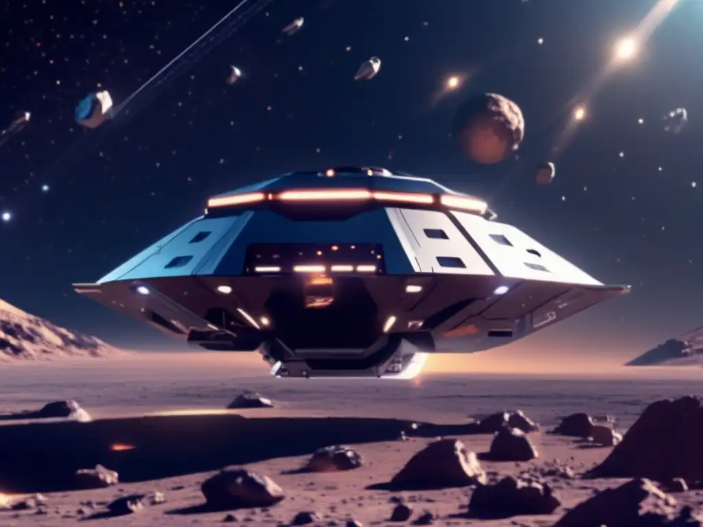 Nave minera futurista en el espacio Misiones mineras en asteroides: planificación y logística