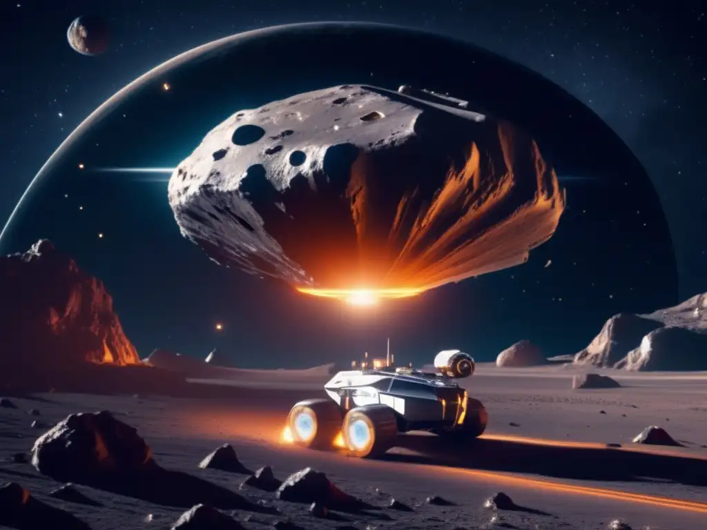 Futurista nave espacial minera en asteroide Misiones mineras en asteroides: planificación y logística