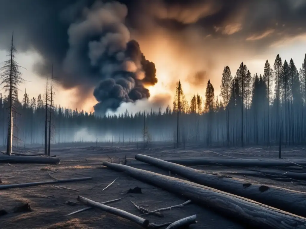 Explorando el misterio del evento de Tunguska: devastación, humo y energía en una impactante imagen 8k