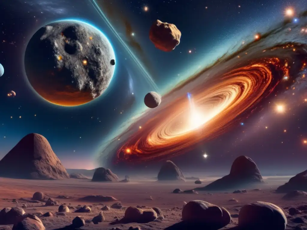 Desmontando mitos asteroides espacio: imagen cósmica con galaxias, asteroides y colores vibrantes