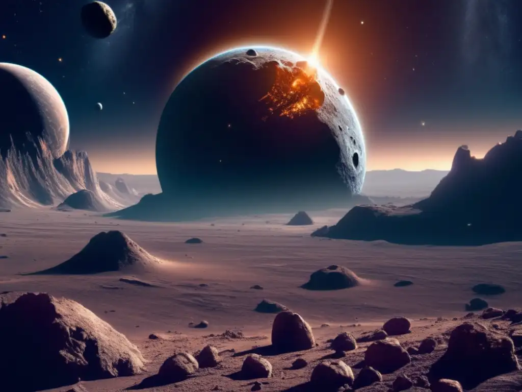 Desmontando mitos asteroides espacio: vista impresionante con Tierra al fondo, asteroide S, caos cósmico, colores vibrantes, alta definición