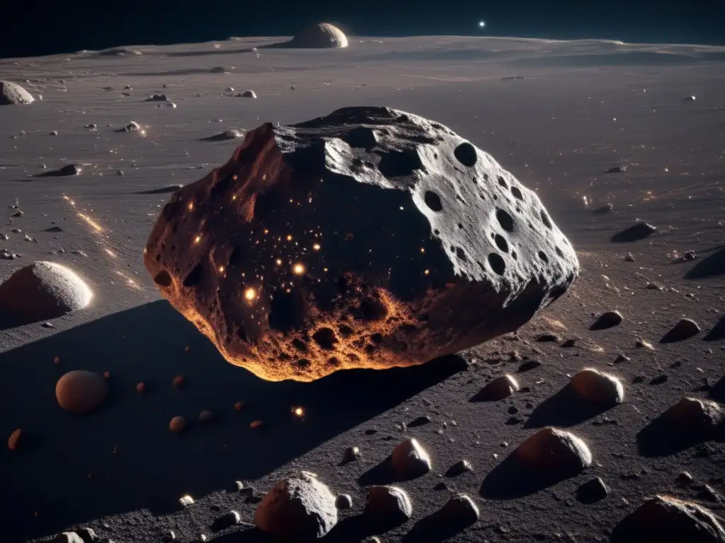 Desmontando mitos sobre asteroides tipo C: Imagen 8k de un asteroide oscuro y rocoso flotando en el espacio, revelando detalles intrincados