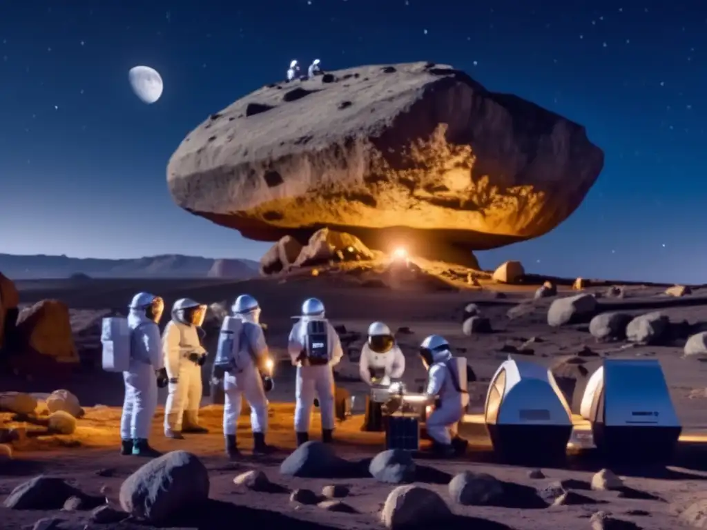 Desmontando mitos sobre asteroides tipo C - Escena cinematográfica nocturna con científicos analizando un asteroide