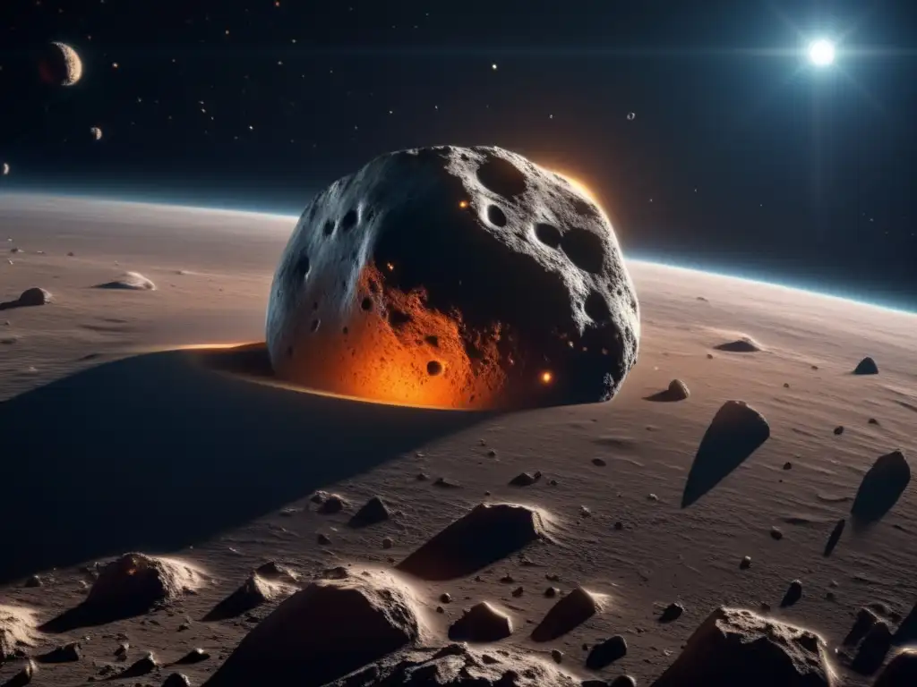 Desmontando mitos sobre asteroides tipo C: imagen 8k muestra asteroide rugoso flotando en el espacio con cráteres y materiales ricos en carbono