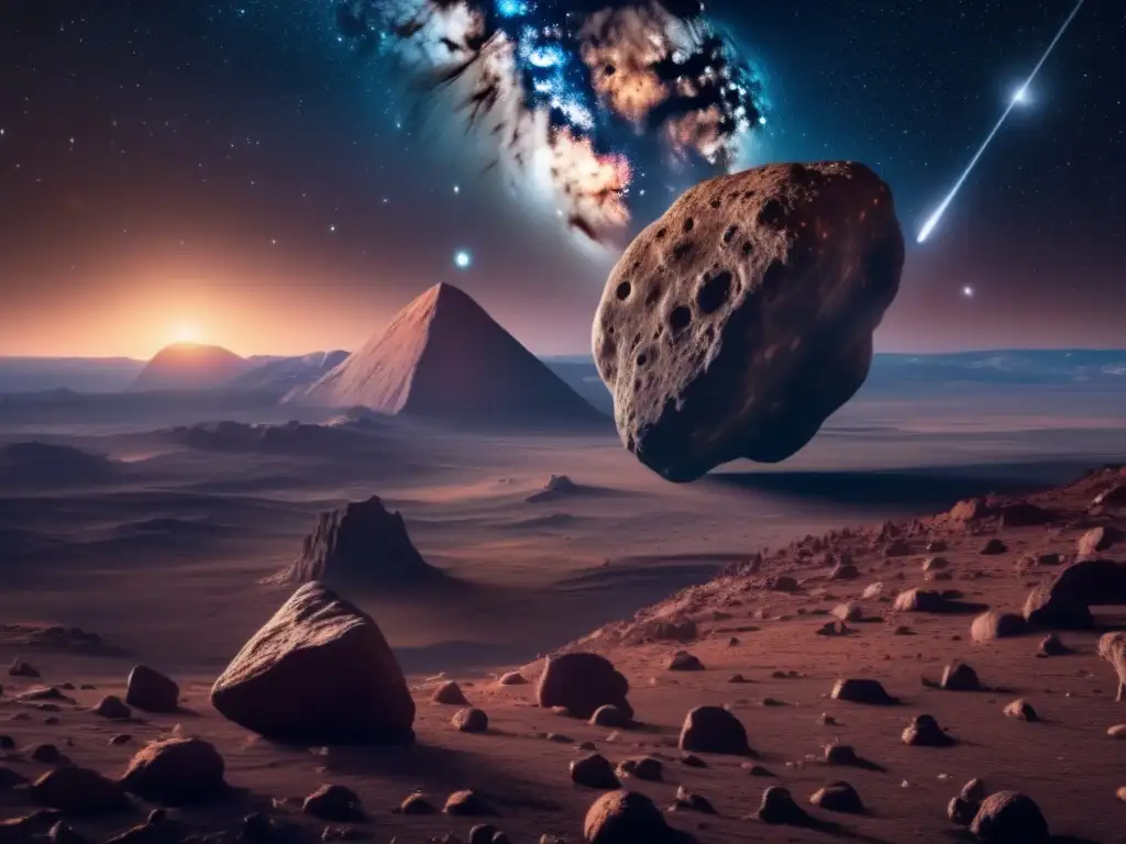 Mitos y leyendas de asteroides en la Antigüedad bajo un cielo nocturno estrellado y un asteroide imponente