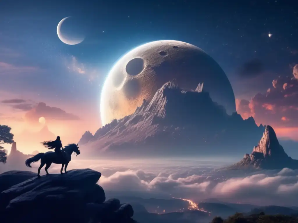 Mitos y leyendas inspirados por asteroides en una imagen nocturna cinematográfica con criaturas míticas mirando al cielo