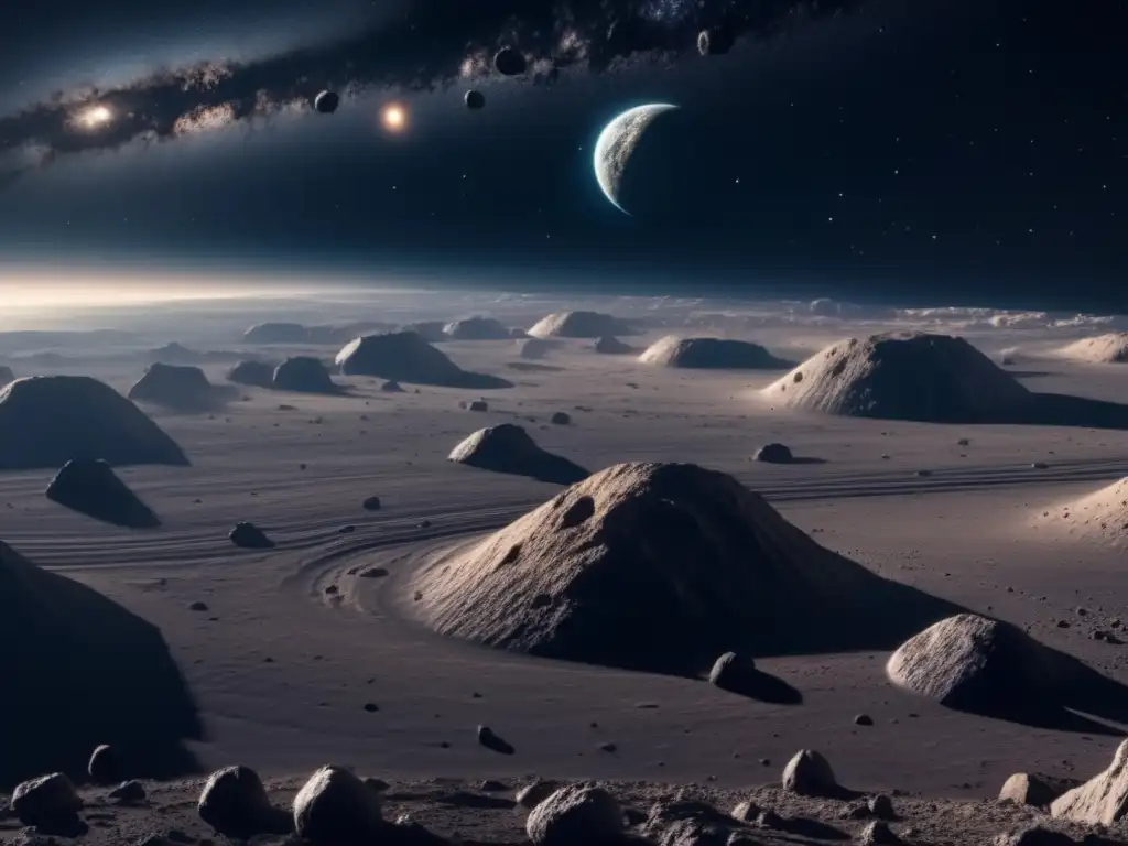 Mitos y realidades de asteroides: imagen impactante de un cinturón de asteroides en el espacio, con un asteroide masivo en primer plano y otros en la distancia, revelando su belleza y evolución