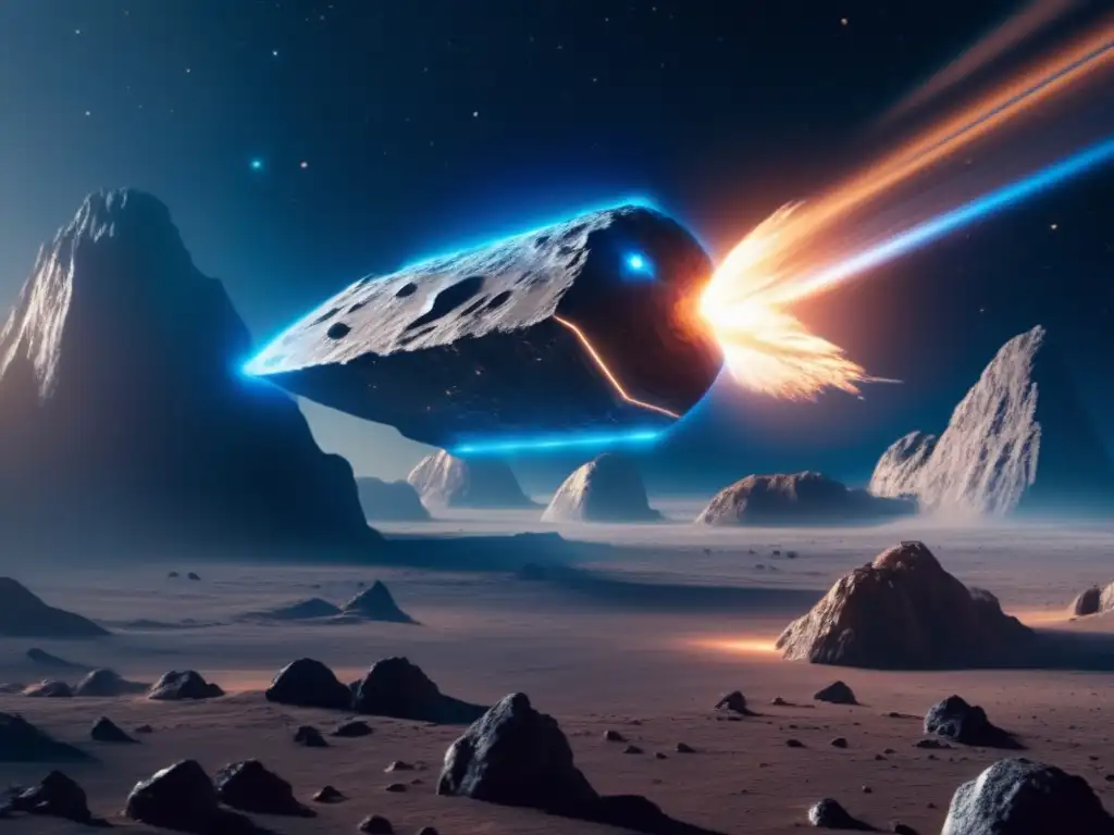 Motores de Plasma para Asteroides: Nave futurista maniobra cerca de asteroide en el espacio