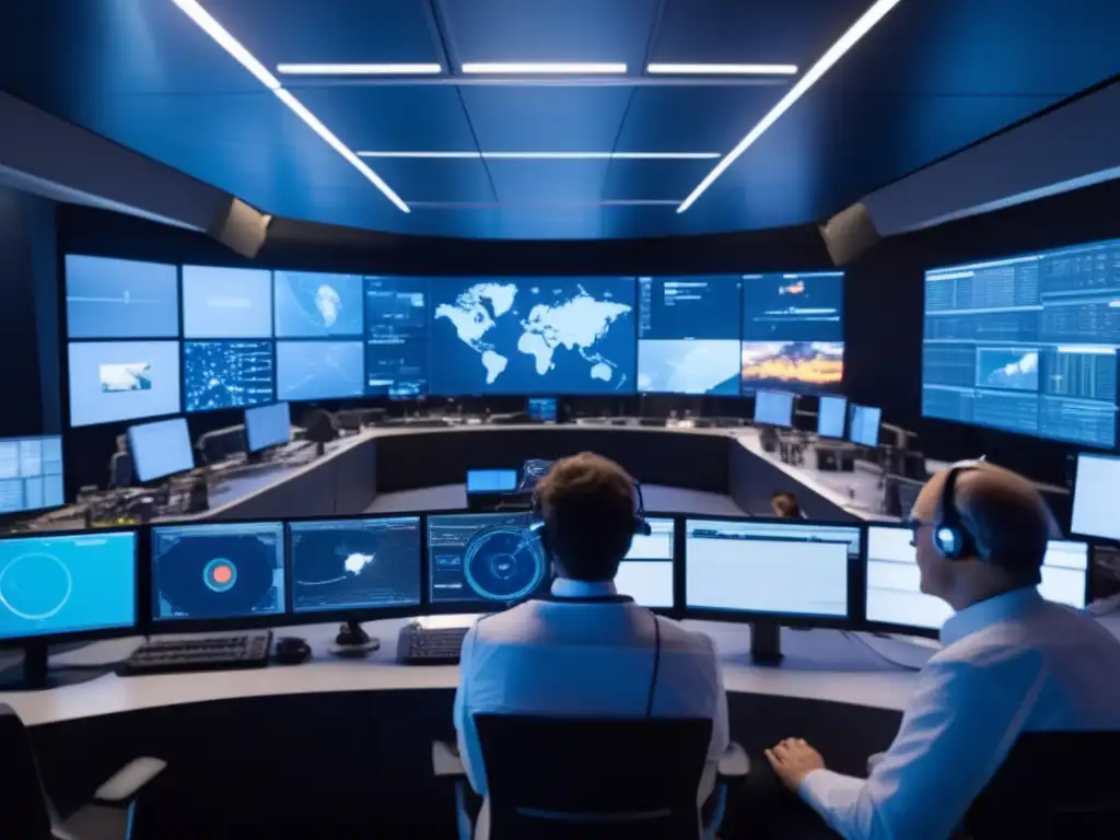 Movilización Mundial Monitoreo Asteroides: Científicos y ingenieros internacionales colaborando en una sala de control de alta tecnología