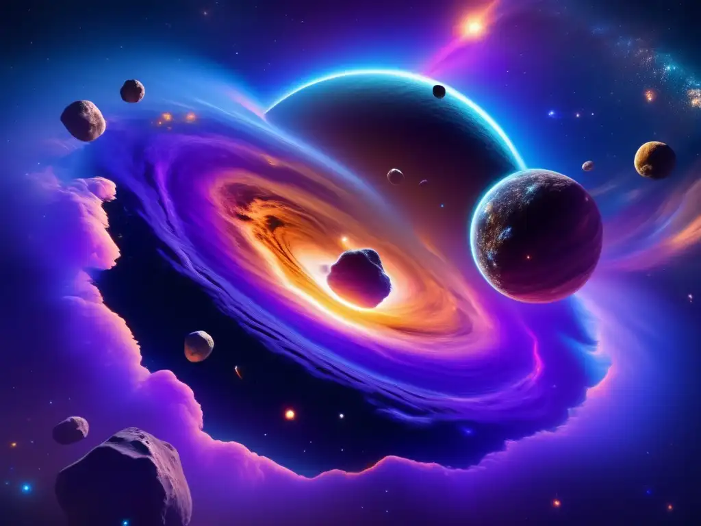 Formación asteroides mundo impacto: Nebulosa cósmica con asteroides y colores vibrantes