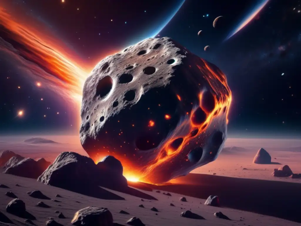 Descubre museos cósmicos fascinantes: asteroide impresionante en detalle 8k, iluminado por estrella lejana, con textura y cráteres profundos
