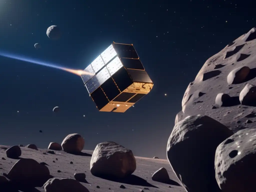 Nanosatélite explorando asteroide peligroso: Imagen 8K detallada muestra tecnología avanzada y colores vibrantes en el espacio