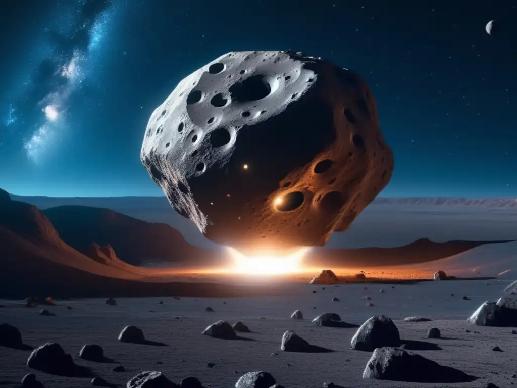 Nave espacial en asteroide con detalles, desafíos y estética futurista