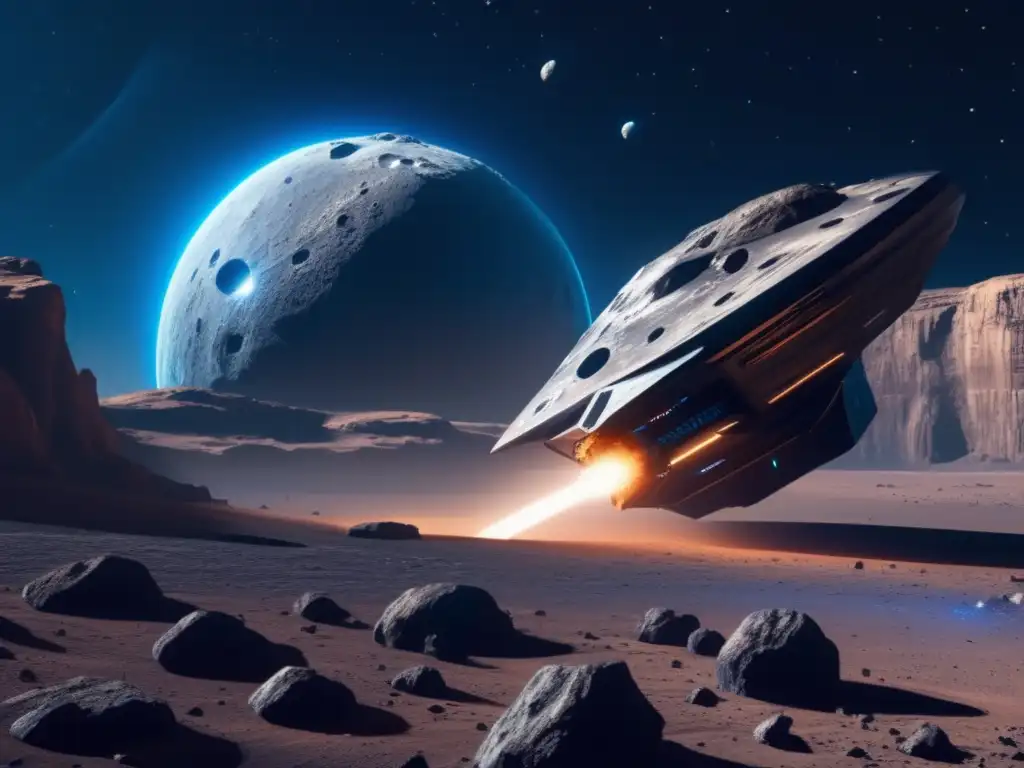 Nave espacial futurista sobre asteroide habitable - Exploración espacial con asteroides