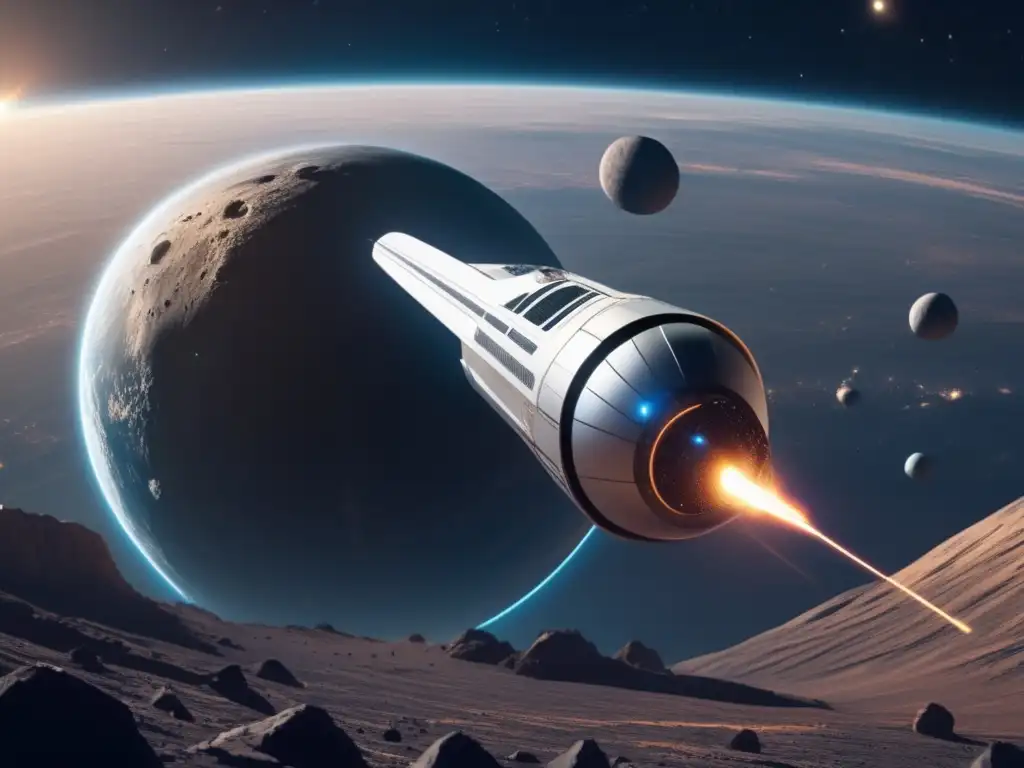 Nave espacial futurista descendiendo hacia asteroide NEO con desafíos de ingeniería espacial y aterrizaje (110 caracteres)
