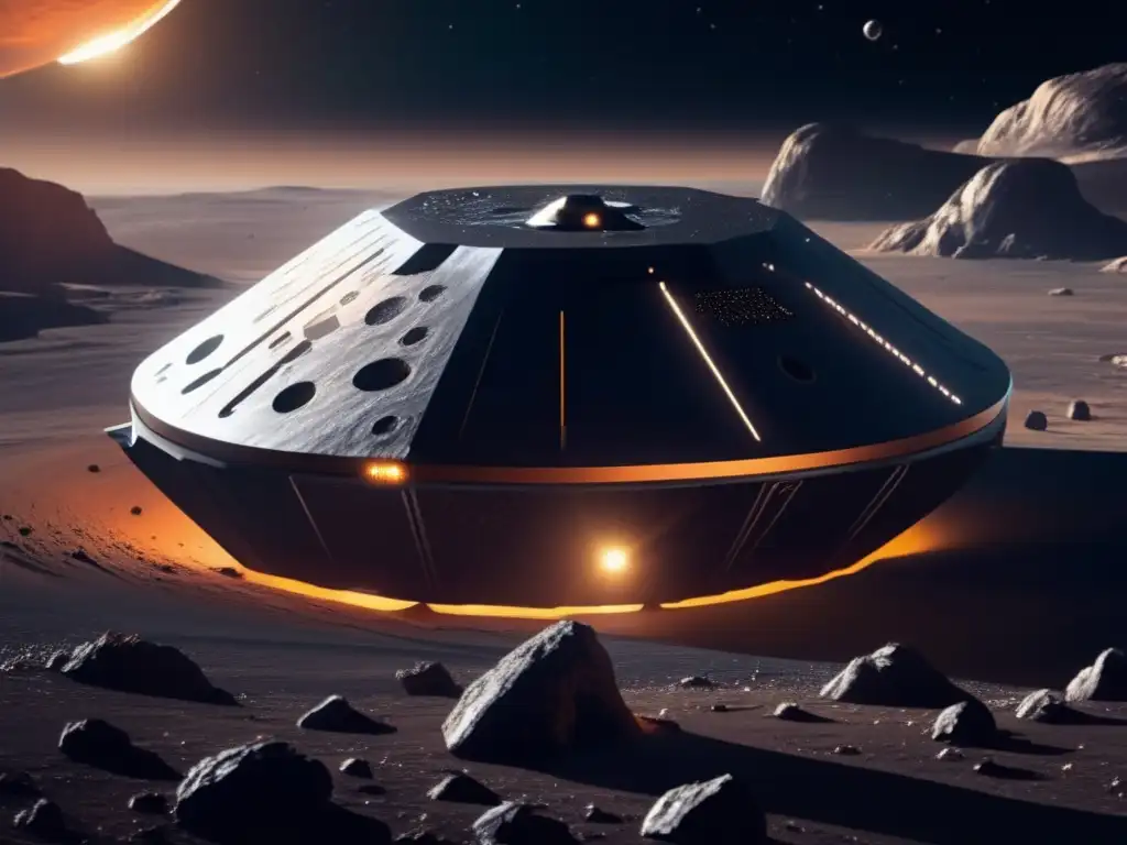 Nave espacial futurista en asteroide mineral rico, con el logo de una agencia espacial prominente