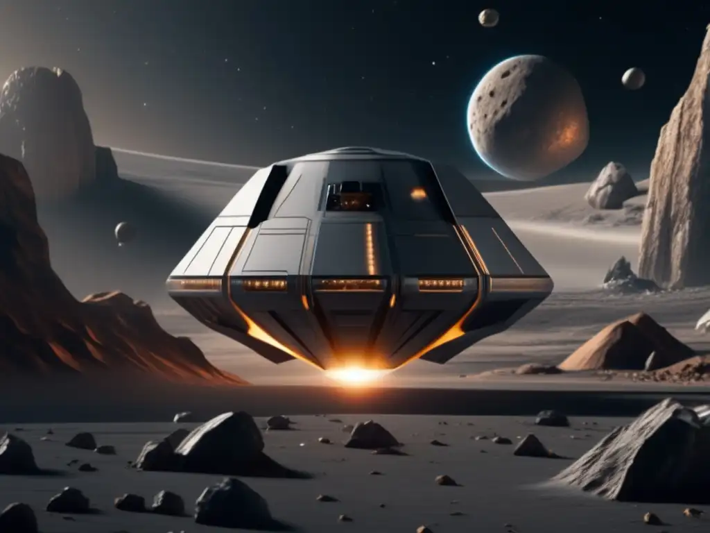 Nave espacial futurista cerca de asteroide, avances tecnológicos y exploración de asteroides