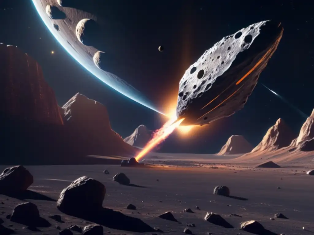 Nave espacial futurista explorando asteroide peligroso en el espacio profundo