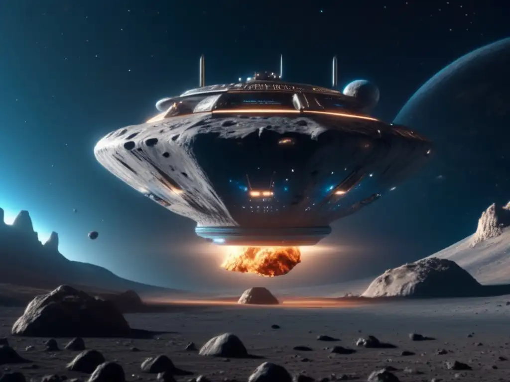 Una nave espacial futurista explora un asteroide en el espacio profundo: ¡Exploración y aprovechamiento de asteroides!