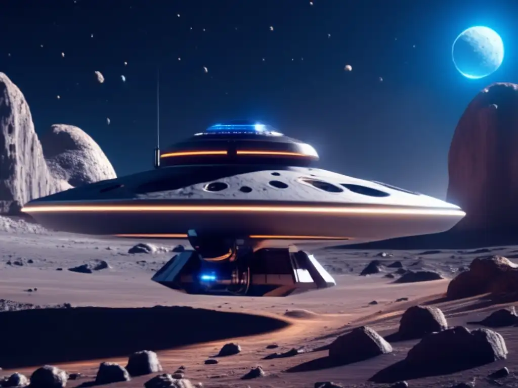 Una nave espacial futurista explora un asteroide en el sistema joviano