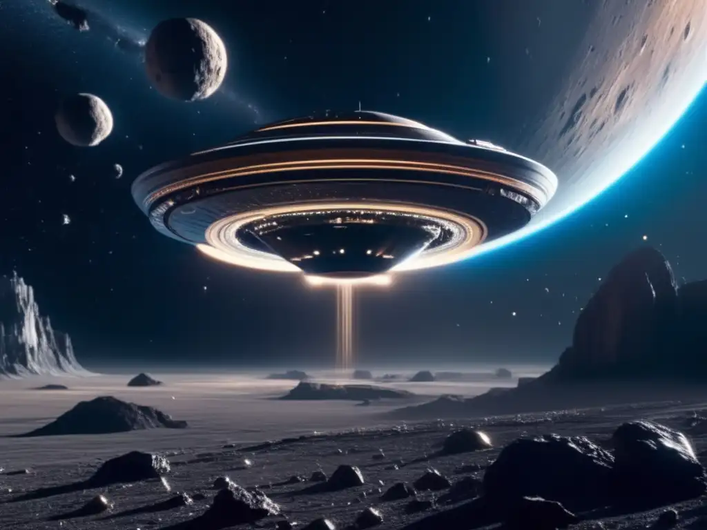 Nave espacial futurista explorando asteroides como recursos