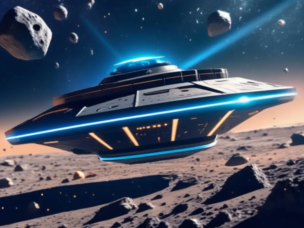 Nave espacial futurista explora el cinturón de asteroides: una escena majestuosa de exploración cósmica