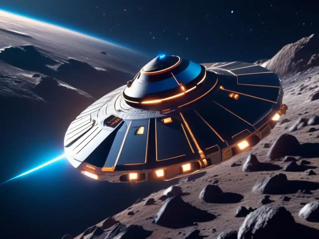 Nave espacial futurista en el espacio junto a un asteroide: tecnologías de desvío de asteroides, riesgos y recompensas