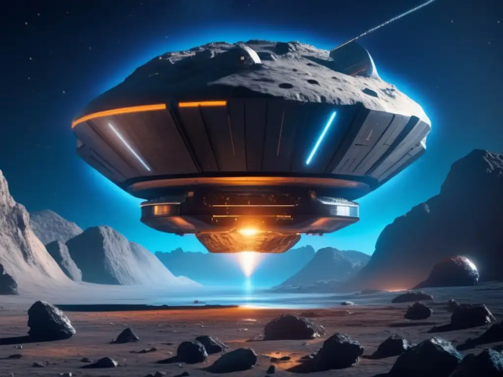 Nave espacial futurista extractora de agua en asteroide