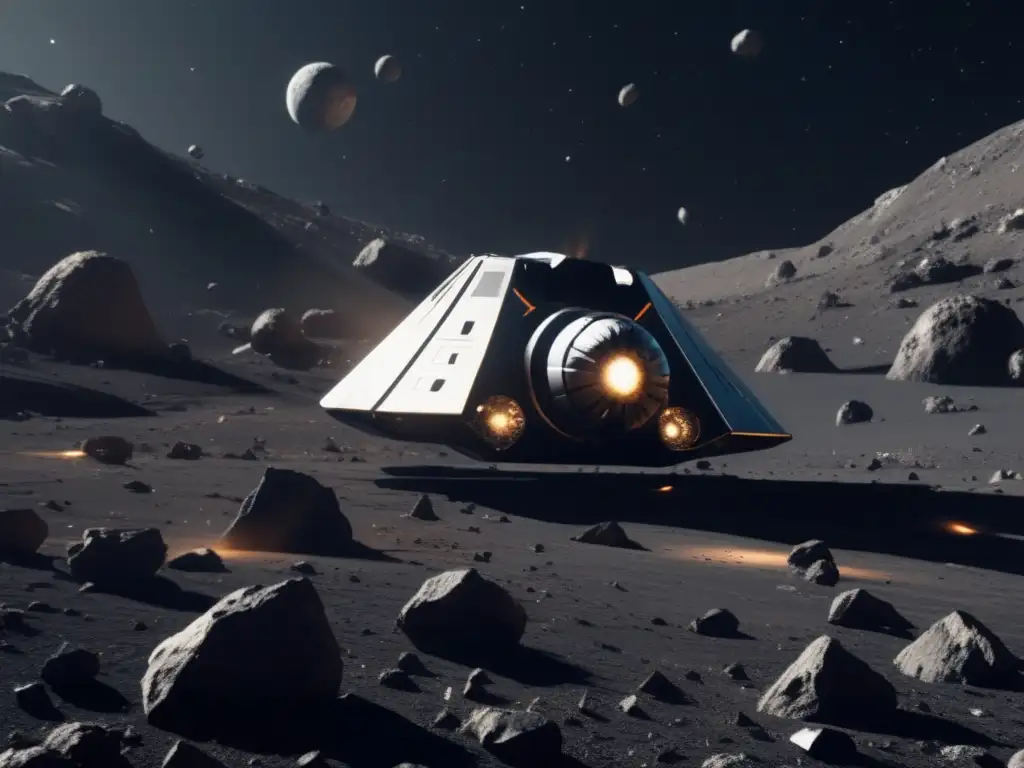 Nave espacial futurista desafiando la gravedad en campo de asteroides